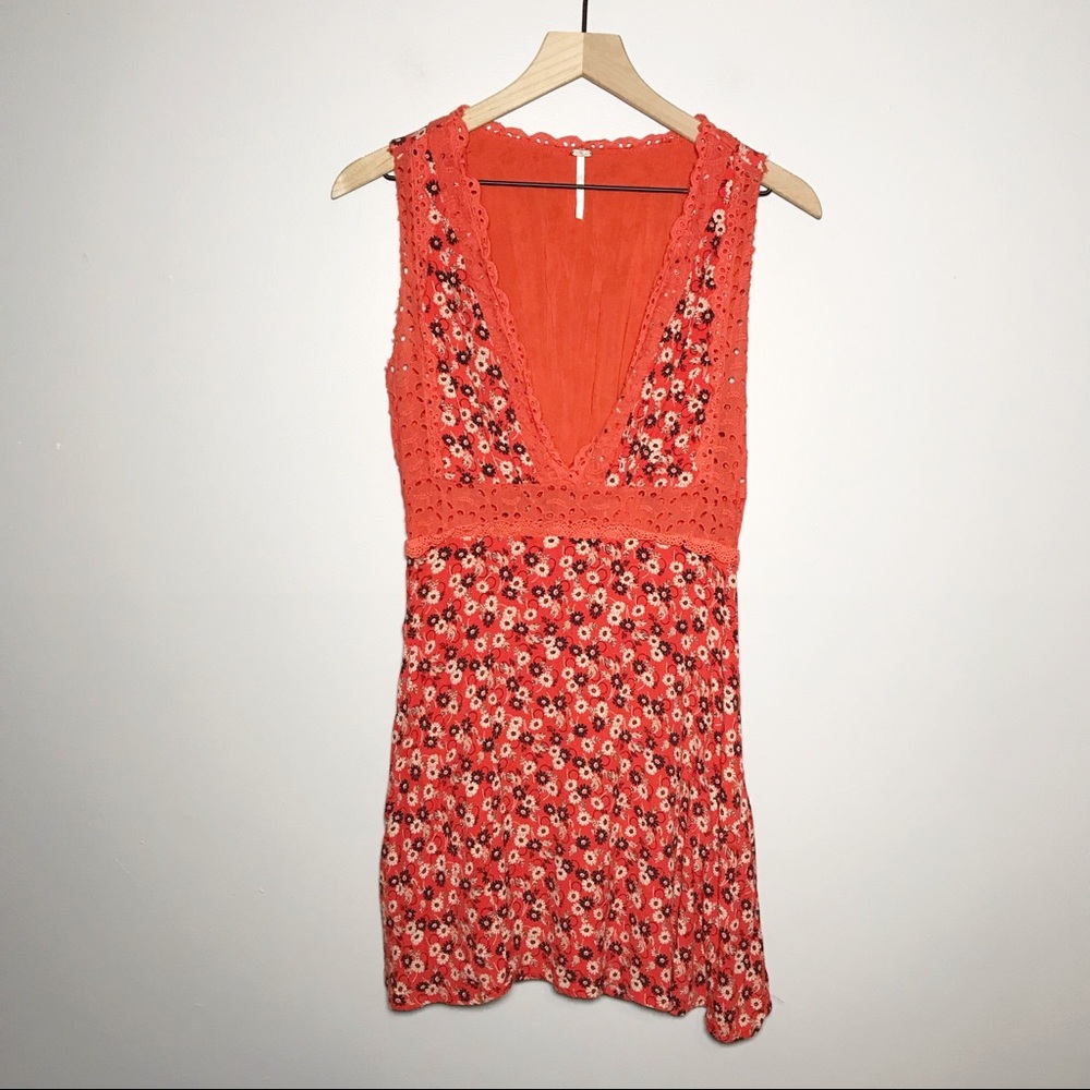 Free People Sleeveless Floral Printed V Neck Eyelet Dress in Red 4